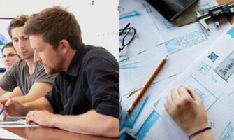 3 persons discussing a picture on a paper. Adjacent to it a scale and a vernier caliper lying on a table with a person drawing with a pencil on a chart