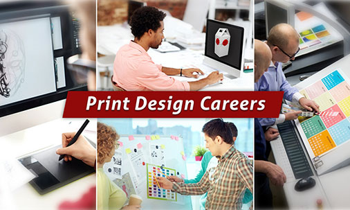 Displays a person working on a computer on some picture and few more persons matching colors on a color chart. Printed as Print Design Careers